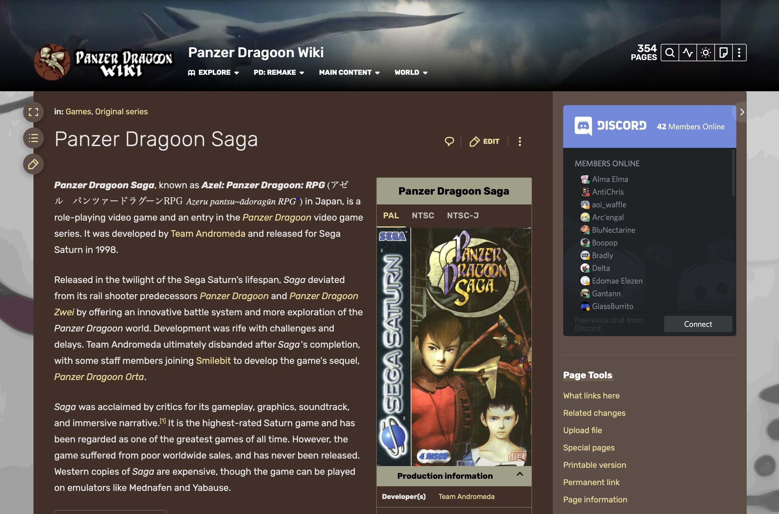 Panzer Dragoon Wiki, with an embedded list of users from the Discord server. Much communication and collaboration in the community now happens away from Panzer Dragoon Legacy's website.